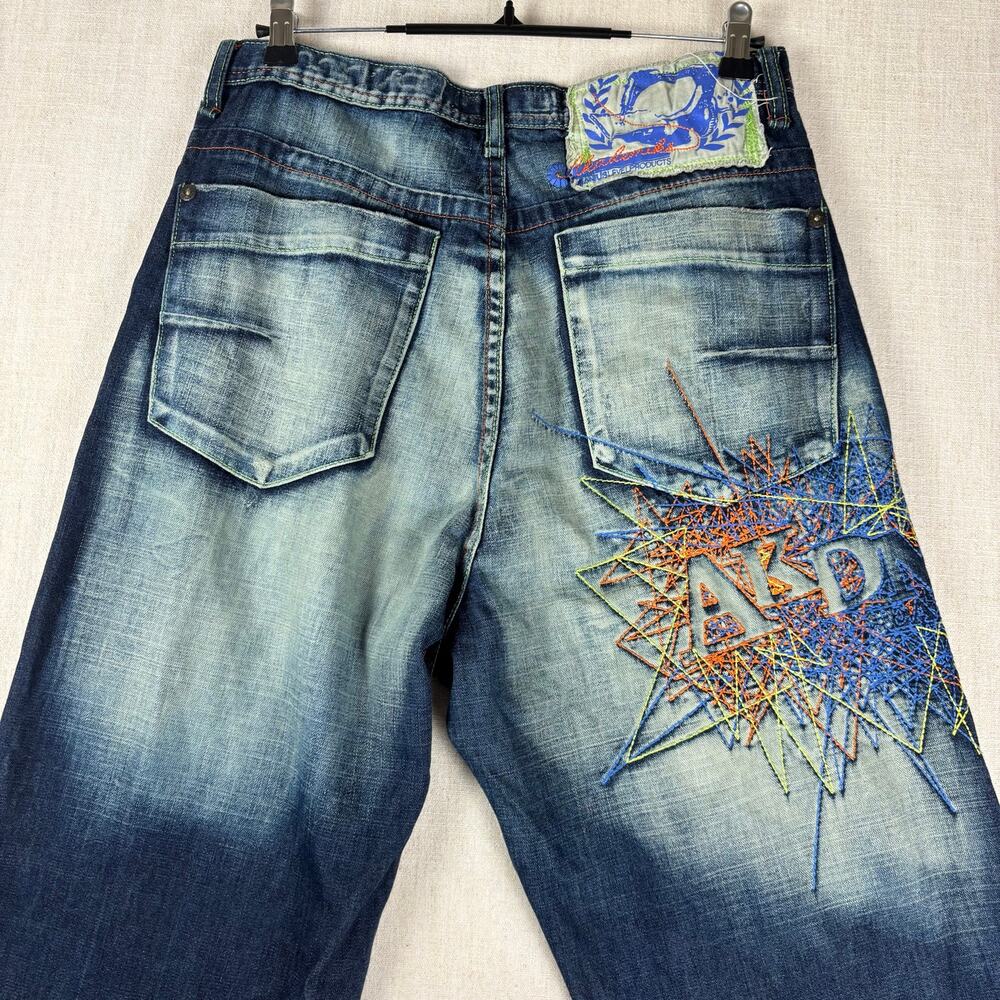 Y2K Akademiks Crazy Embroidered Patchwork Sz 34 Two Tone Baggy Jeans